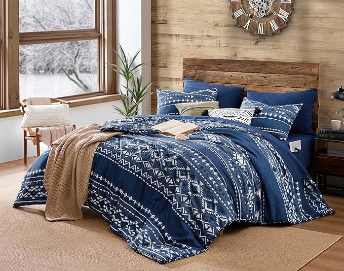 Geniospin Queen Comforter Set - 7 Pieces Comforters Queen Size, Warm Fluffy Boho Bedding Sets for All Seasons, Bed in a Bag with Flat Sheet and Fitted Sheet, Pillowcase & Sham (Blue, 90''x90'')