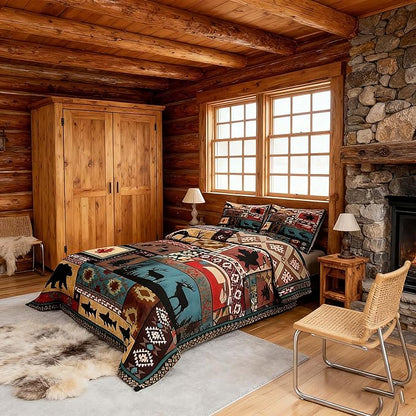 Rustic Cabin Bedding Comforter Sets Queen Size, Lodge Bear Bedding Sets, Southwestern Quilt Duvet Moose Deer Country Farmhouse Animal Wildlife Hunting Brown Patchwork Plaid Quilt, 2 Pillowcases