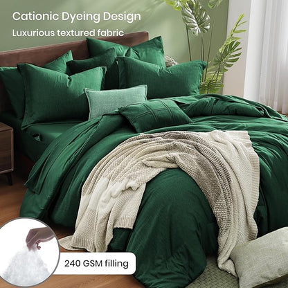 Monbix Full Size Comforter Set, Emerald Green Bedding Comforter for Full Size Bed Set Reversible, Bedding Sets Full 7 Pieces, Cationic Dyeing Bed in a Bag with Comforter, Sheets, Pillowcases & Shams