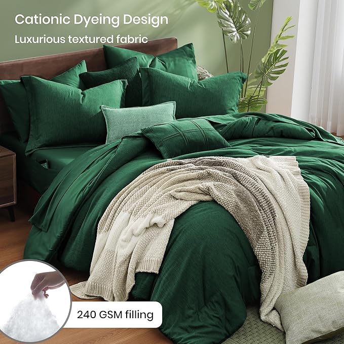 Monbix King Size Comforter Set, Emerald Green King Bedding Set Reversible, King Comforter Set 7 Pieces, Cationic Dyeing Bed in a Bag with Comforter, Sheets, Pillowcases & Shams
