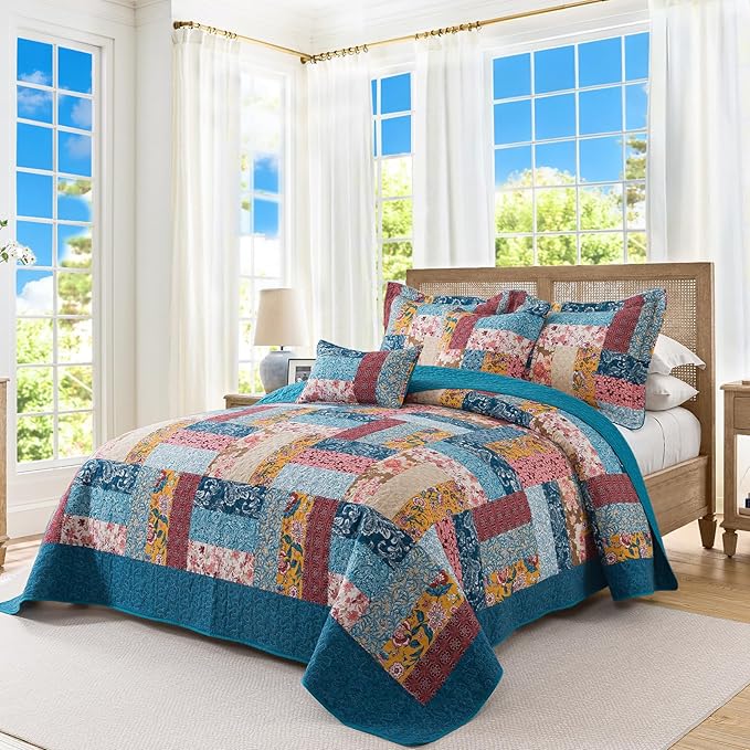 BEDIFANY Cotton King Quilt Set - Modern Farmhouse Bedspread with Vibrant Floral Pattern, 3-Piece Lightweight Coverlet (98x106 Inch) + 2 Pillow Shams, All Seasons Multicolor Quilt Bedding Set
