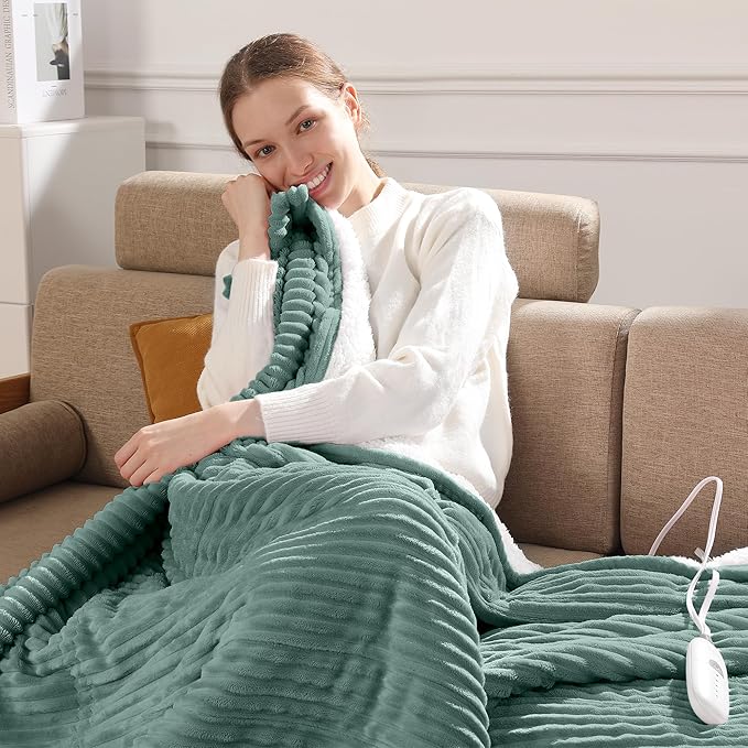 Heated Blanket Electric Throw 50"x60" Heating Blanket 450gsm Ribbed Flannel Sherpa Ultra-Soft with 5 Heating Levels and 4 Hour Auto Off, ETL & FCC Certified Electric Blanket, Great Winter Gift, Green