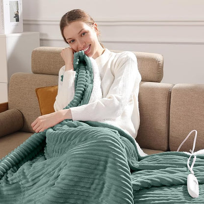 Heated Blanket Electric Throw 50"x60" Heating Blanket 450gsm Ribbed Flannel Sherpa Ultra-Soft with 5 Heating Levels and 4 Hour Auto Off, ETL & FCC Certified Electric Blanket, Great Winter Gift, Green