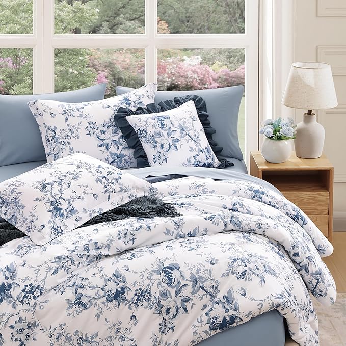 Oversized Queen Comforter Set -7 Pieces Floral Rain Washed Bedding Set for All Seasons, Bed in a Bag with Botanical Flowers Comforter, Sheets, Pillowcases & Shams
