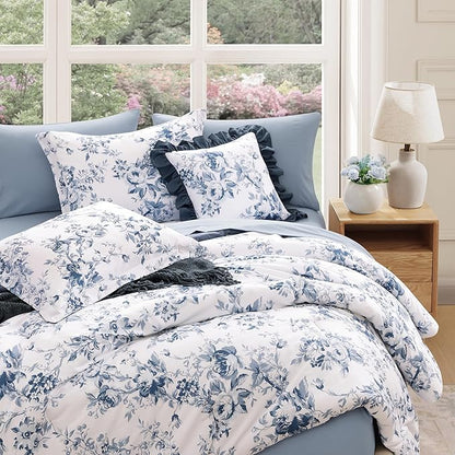 California King Comforter Set -7 Pieces Floral Rain Washed Bedding Set for All Seasons, Bed in a Bag with Botanical Flowers Comforter, Sheets, Pillowcases & Shams
