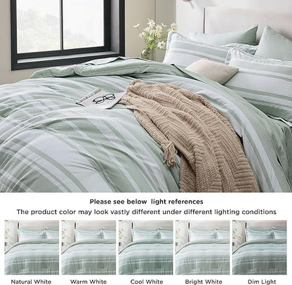 Bedsure Full Comforter Set 7 Pieces, Sage Green Striped Bedding Set for All Seasons, Reversible, Cationic Dyeing Bed in a Bag with Comforter, Sheets, Pillowcases & Shams