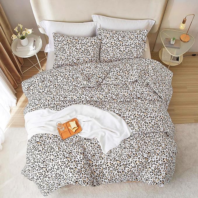 mixinni Black Brown Leopard Print Comforter Set Full Size Women Ultra Soft Wildlife Animal Cheetah Print Comforter Men Abstract Bedding Set with 2 Pillowcases for All Seasons-Full Size