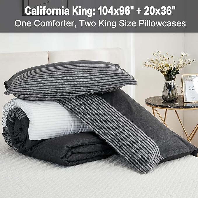 Litanika California King Comforter Set Black White Grey - 3 Pieces Cal King Oversized Lightweight Colorblock Stripe Bedding Set (104x96In, 2 Pillowcases)