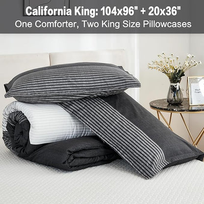 Litanika California King Comforter Set Black White Grey - 3 Pieces Cal King Oversized Lightweight Colorblock Stripe Bedding Set (104x96In, 2 Pillowcases)
