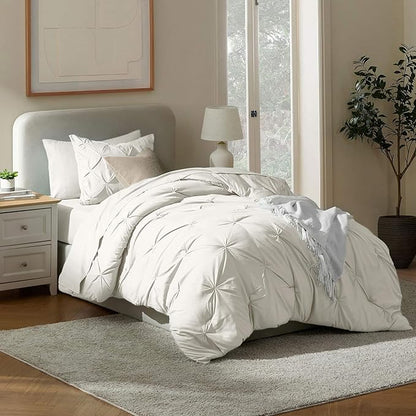 Nestl Twin Comforter Set 5 Piece - Pintuck Twin Bedding Set Off White, College Dorm Room Essentials for Girls and Boys Bed in a Bag Twin All Season, Twin Comforter Set with Sheets, Pillowcase and Sham