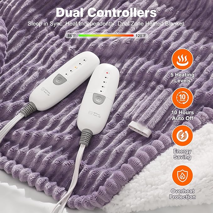 King Size Heated Blanket, Electric Blanket with Dual Controls, 5 Heat Settings, 10-Hour Auto Off, Cozy Striped Flannel & Sherpa, FCC/ETL Certified,Lavender Purple