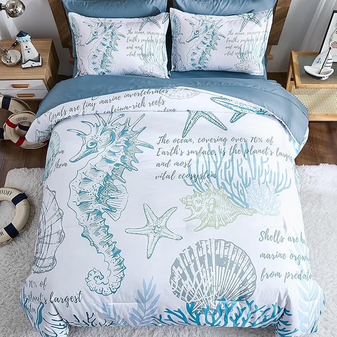 Comforter Set King Size Coastal, Beachy Themed Comforters,7 Pieces Ocean Bed in a Bag Nautical Bedding Seahorse Sea Shell with Sheets for All Season