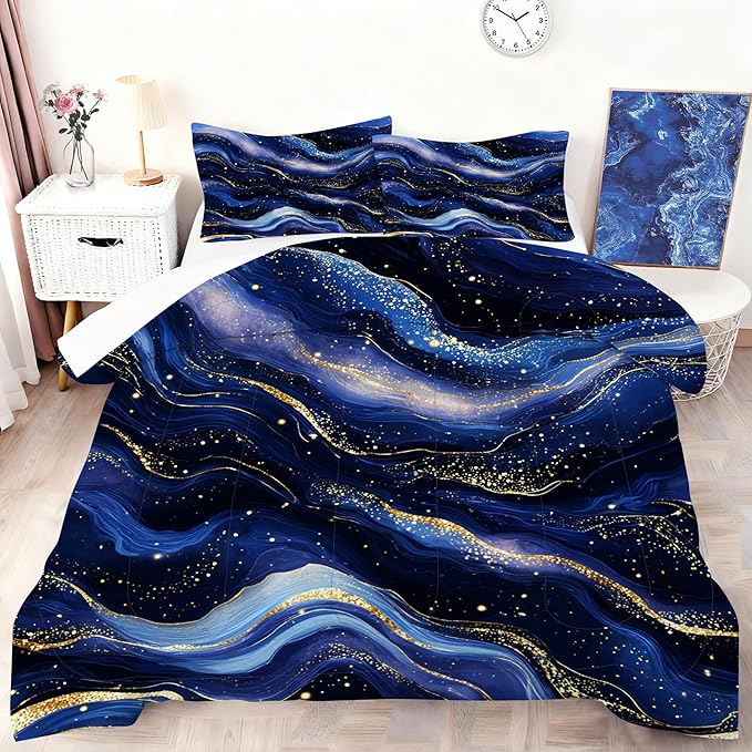 Luxury Navy Blue Gold Comforter Set Queen Size for Kids Women Men Royal Blue Gold Marble Bedding Set Abstract Goled Lines Bed Set Blue Galaxy Agate Quilt Set with 1 Comforter + 2 Pillowcases