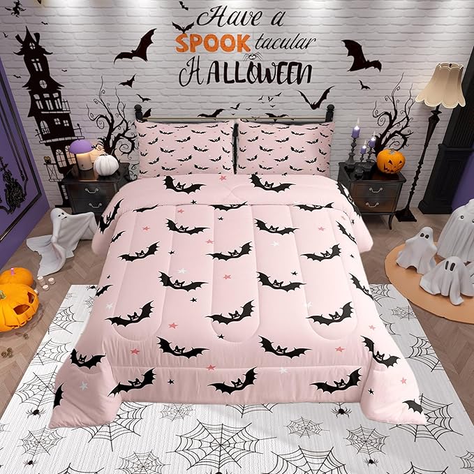 Castle Fairy Colorful Star Pink Bedding Set for Boys Girls,Cut Black Bat All Season Cozy Comforter Set Full Size,Happy Halloween Theme Duvet Set Bedroom Decor,Personalized Birthday Gifts