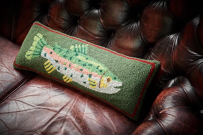 Camp Wandawega Trout Wool Hook Throw Pillow, Vintage Lodge Decorative Pillow, Oblong 8x22