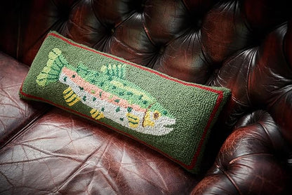 Camp Wandawega Trout Wool Hook Throw Pillow, Vintage Lodge Decorative Pillow, Oblong 8x22