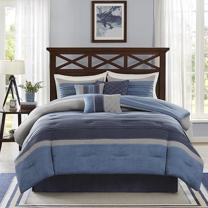 Madison Park Cozy Comforter Set Casual Modern Design - All Season Bedding, Matching Bed Skirt, Decorative Pillows, Collins, Suede Blue Grey King(104"x92") 7 Piece