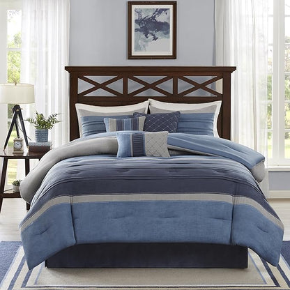 Madison Park - MP10-1638 Collins Comforter Set Bed in a Bag, Cal King(104"x92"), Blue Grey
