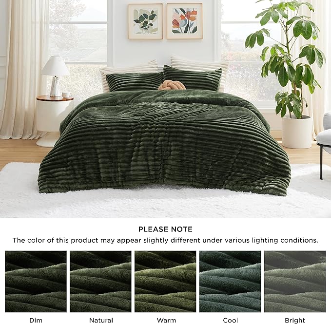Bedsure Comforter Full Size - GentleSoft™ 3 Pieces Fluffy Double-Side Fleece Comforter Set, Cozy Striped Room Decor Aesthetic, Luxury Olive Green Full Size Bedding with 2 Pillowcases, 82x86 Inches