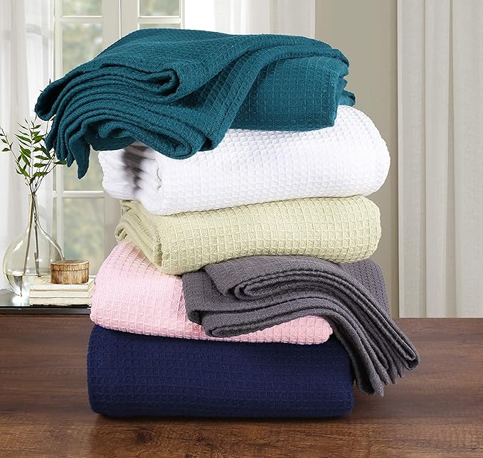 Glamburg 100% Cotton Thermal Bed Blanket, Breathable Waffle Blanket Queen Size, Soft For All Seasons, White