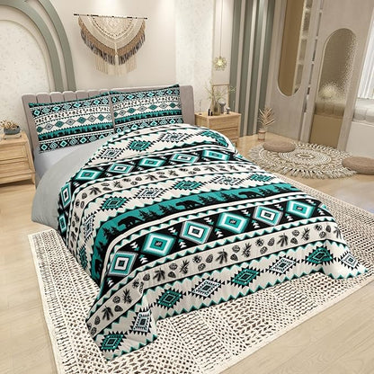 Green Aztec Pattern Twin Size Comforter Set,Southwest Tribal Style Bear Wild Animals Quilt Set Soft Bed Collection,Ethnic Geometric Stripes Bedding Comforter for Boys Girls Room Decor,2 Pcs