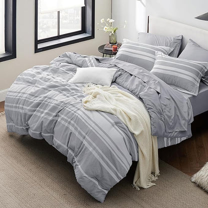 Bedsure Queen Comforter Set 7 Pieces, Grey Striped Bedding Set for All Seasons, Reversible, Cationic Dyeing Bed in a Bag with Comforter, Sheets, Pillowcases & Shams