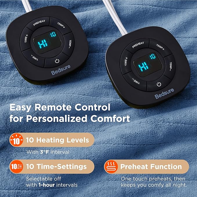 Bedsure Electric Blanket Queen Size - Dual Control Heated Blanket Queen, Fast Heating with 10 Time Settings & 10 Heat Settings, Warm Gift for Grandma (84x90 inches, Blue)