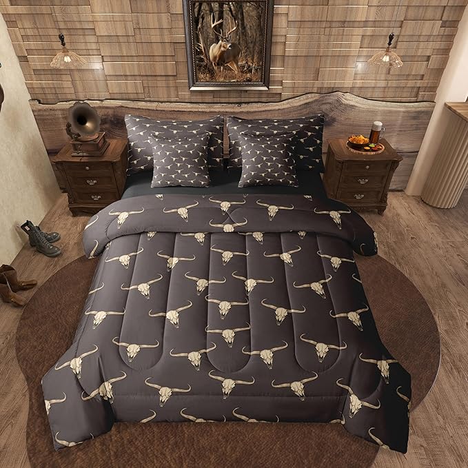 Erosebridal Bull Skull 7 Piece Comforter Set Queen Ethnic Bohemian Bedding for Men Boys | Tribal Steer Skull Wildlife Aztec Bedroom Decor Farmhouse Cabin Lodge Sheet Set with Comforter,Brown