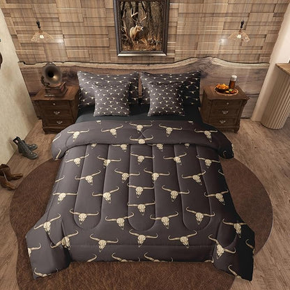 Erosebridal Bull Skull 7 Piece Comforter Set Full Ethnic Bohemian Bedding for Men Boys | Tribal Steer Skull Wildlife Aztec Bedroom Decor Farmhouse Cabin Lodge Sheet Set with Comforter,Brown