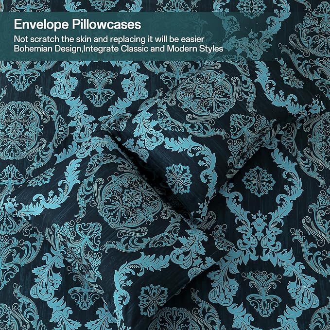 WONGS BEDDING 7 Piece Queen Comforter Set, Teal Texture Breathable Microfiber Comforter Bedding Set for All Season, Damask Bed in a Bag with Comforter, Flat Sheet, Fitted Sheet, Pillowcases & Shams