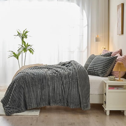 Simple&Opulence Fluffy Faux Fur Comforter Set, Plush Fuzzy Minky Bedding Set, 3 Pieces Warm Soft Comforter Bedding Set for Winter - 1 Shaggy Comforter with 2 Pillow Shams(King, Striped - Dark Grey)