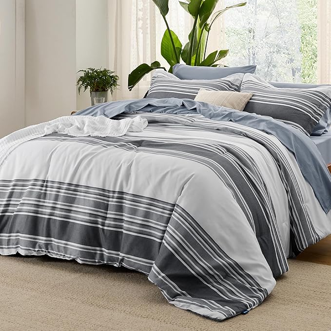 Bedsure Full Comforter Set 7 Pieces, Dark Grey Striped Bedding Set for All Seasons, Reversible, Cationic Dyeing Bed in a Bag with Comforter, Sheets, Pillowcases & Shams