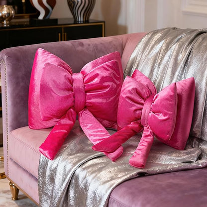 AELS Bow Pillow Decorative Throw Pillow, Shining Velvet Cute Pillow, 15.3"" & 13.7"" for Valentine's Day, Wedding, Christmas, Living Room, Bedroom, Nursery Decor, Hot Pink