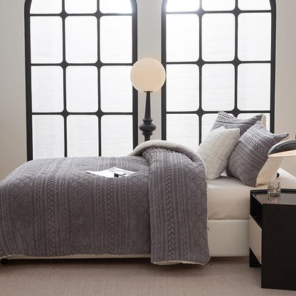 COTTEBED Sherpa Fluffy Comforter Sets King Size, Boho Tufted Bedding Down Blanket Comforter, Super Soft Polycotton Shabby Plush Fleece Sherpa Warm Medium Weight All Season Winter, Gray King/Cal King