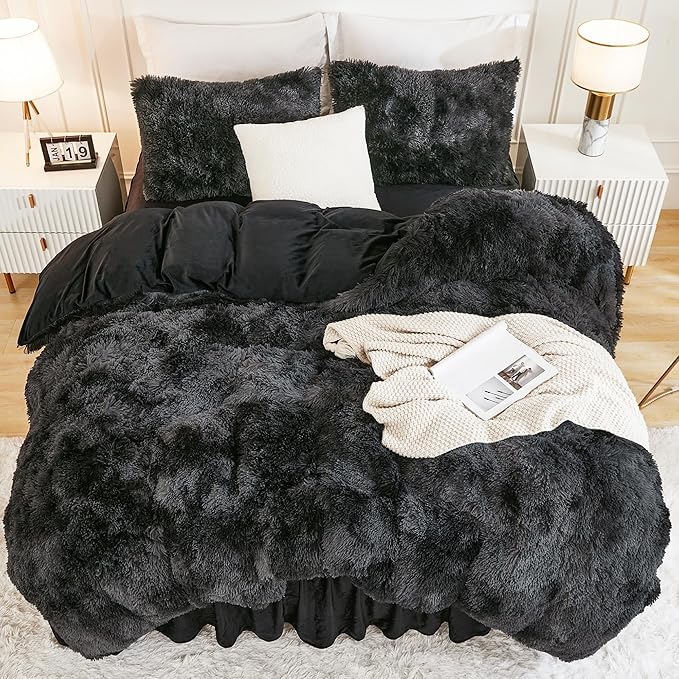 Andency Faux Fur Tie-Dyed Black Grey Comforter for Queen Size Bed, 3 Pieces Fluffy Fuzzy Plush Bedding Set (1 Shaggy Velvet Comforter & 2 Pillowcases), Soft Puffy Down Bedding Set