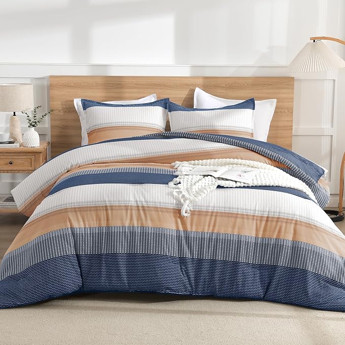 Litanika Comforter Set Full Size Blue Orange - 3 Pieces Lightweight Colorblock Stripe Fluffy Bedding Comforter Sets, All Season Bed Set
