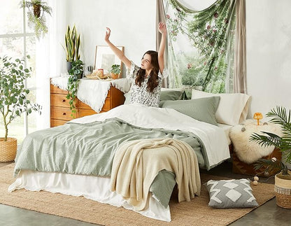 Geniospin Full Size Comforter Set - 7 Pieces Textured Sage Green Bedding Sets, Boho Shabby Chic Comforter Set, All Season Comfortable Bed in a Bag with Comforter, Sheets, Pillowcases & Shams
