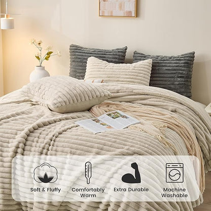 Simple&Opulence Fluffy Faux Fur Comforter Set, Plush Fuzzy Minky Bedding Set, 3 Pieces Warm Soft Comforter Bedding Set for Winter - 1 Shaggy Comforter with 2 Pillow Shams(King, Striped - Khaki)