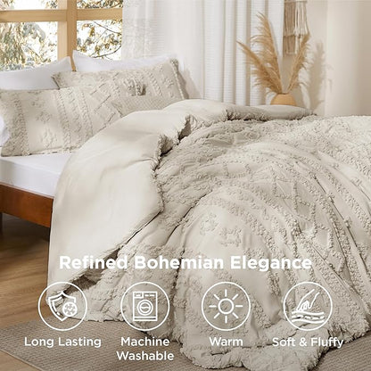 Bedsure Tufted Boho Comforter Set Full Size - Linen Boho Bed Set, GentleSoft™ 3 Pieces Farmhouse Shabby Chic Embroidery Bedding, Gifts for Woman, Soft Jacquard Full Comforter for All Seasons