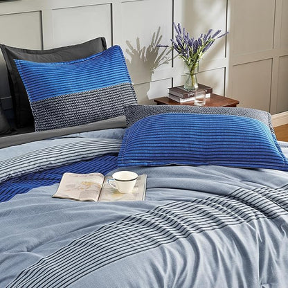 Andency Comforter Set Blue Grey Oversized King(128"x120")- 7 Pieces Striped Lightweight Bed in a Bag, Soft Reversible Bedding Set with Comforter, Fitted & Flat Sheet, Pillowcases & Shams