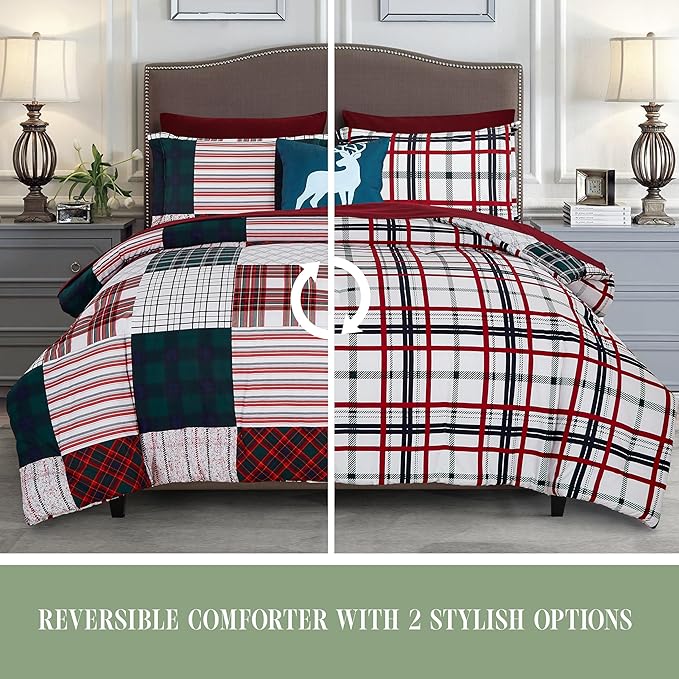 Elegant Comfort 8-Piece Cabin Lodge Patch Reversible Comforter Set - All Season Bed in a Bag, 4-Piece Sheet Set Featuring Smart Pockets, Matching Shams and Decorative Pillow, Twin/Twin XL, Burgundy