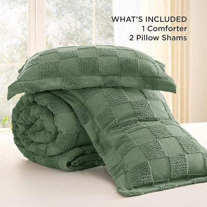 Bedsure King Size Comforter Set Green, Boho Tufted Bed Set, Checkered Farmhouse Shabby Chic Bedding, 3 Pieces, 1 Plaid Geometric Comforter and 2 Pillow Shams
