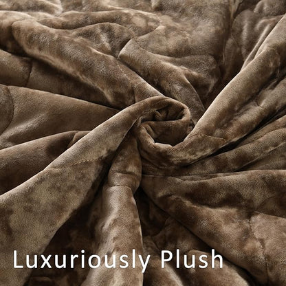 Homzard Luxury Velvet Quilt Set King Size Bedding, Mocha Brown Comforter Set, Ultra-Soft Striped Channel Stitch All Season Comforter, Thermal Bedspread Coverlet with 2 Pillow Shams