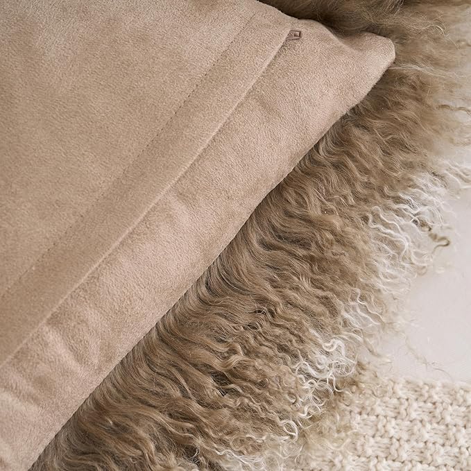 Genuine Mongolian Lamb Fur Pillow Cover – 12"x20" Rectangular Cushion Case – Soft Curly Wool Decorative Accent for Sofa, Bed, or Chair (Sage Green with White Tips)
