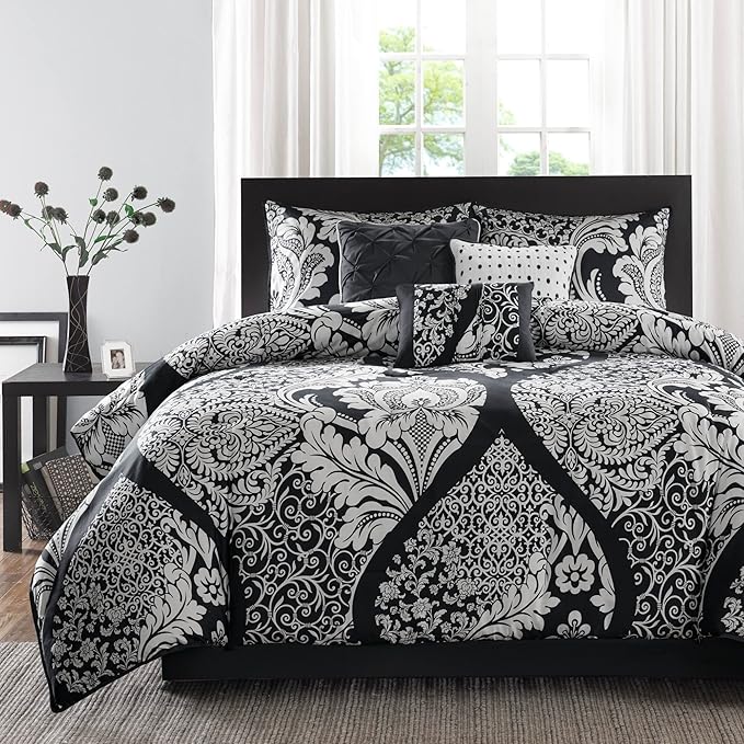 Madison Park Vienna Sateen Cotton Comforter Set, Breathable, Soft Cover, Trendy, All Season Down Alternative Cozy Bedding with Matching Shams, California King, Black 7 Piece