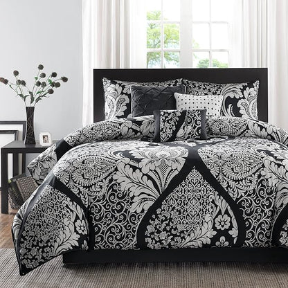 Madison Park Vienna Sateen Cotton Comforter Set, Breathable, Soft Cover, Trendy, All Season Down Alternative Cozy Bedding with Matching Shams, California King, Black 7 Piece