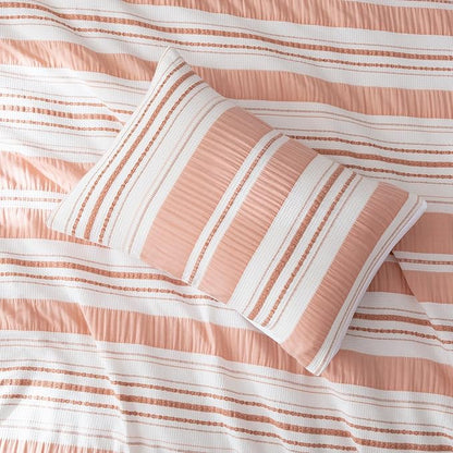 Amazon Basics Comforter Set, 2-Piece Jacquard Microfiber Comforter and Pillow Sham, All-Season Bedding, Twin, Pink Striped