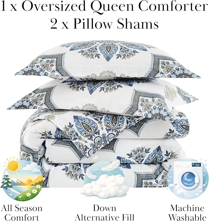 Southshore Fine Living, Inc. Oversized Comforter Full Size Set, Down Alternative Boho Bedding, Paisley Floral Print Bed Spread, Full Size/Queen with 2 Matching Shams, Blue on White