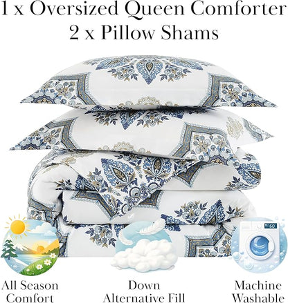 Southshore Fine Living, Inc. Oversized Comforter Full Size Set, Down Alternative Boho Bedding, Paisley Floral Print Bed Spread, Full Size/Queen with 2 Matching Shams, Blue on White