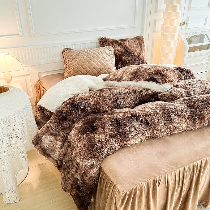Luxury Faux Fur Shaggy Comforter Set Twin Size, Plush & Sherpa Reversible Comforter Tie Dye Coffee, 3 Pieces Fluffy Fuzzy Bedding Set Ultra Soft and Warm for Winter (1 Comforter + 2 Pillowcases)